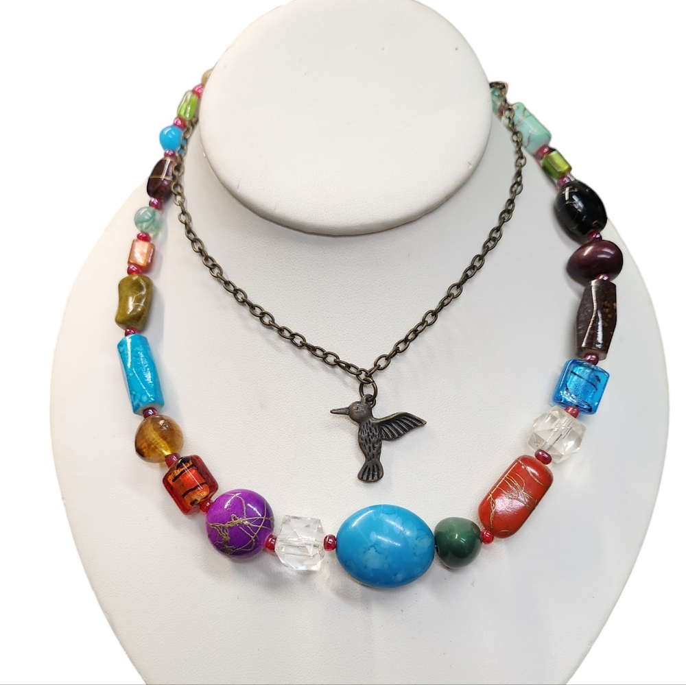Vintage Beaded Necklace Double Strain Bird